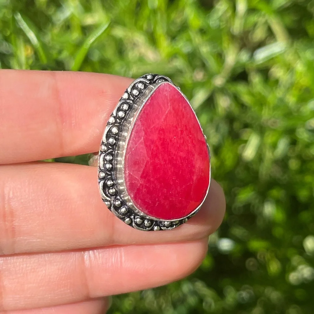 Size 9 925 silver plated‎ hot pink simulated ruby ring